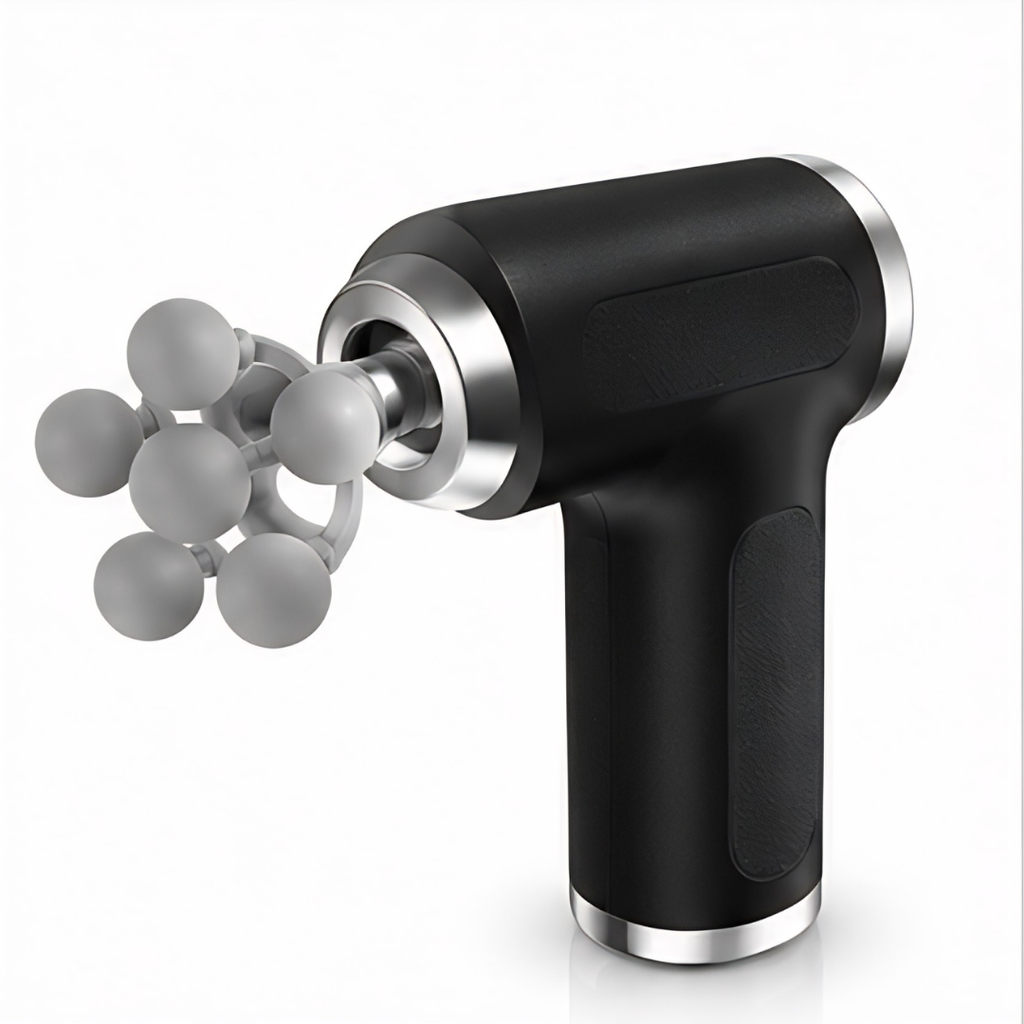Black handheld massage device with gray attachments on a white background