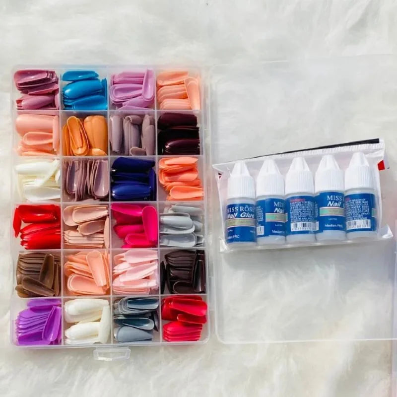 Multicolor Acrylic Artificial Nails Kit – 24 Shades, 576 Pcs with Glue
