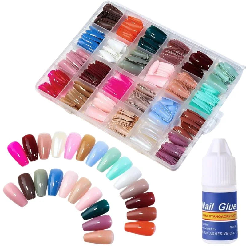 Multicolor Acrylic Artificial Nails Kit – 24 Shades, 576 Pcs with Glue
