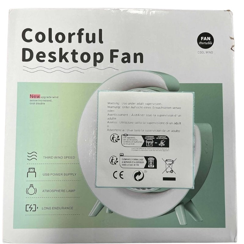 Colorful USB Rechargeable Desktop Fan – Silent Cooling with LED Light