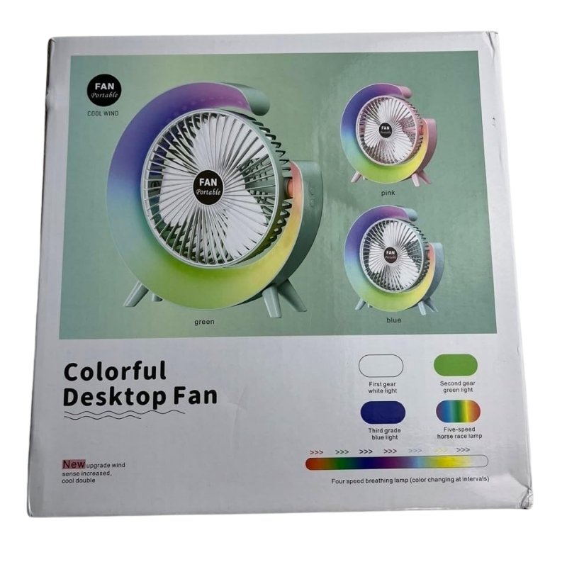Colorful USB Rechargeable Desktop Fan – Silent Cooling with LED Light