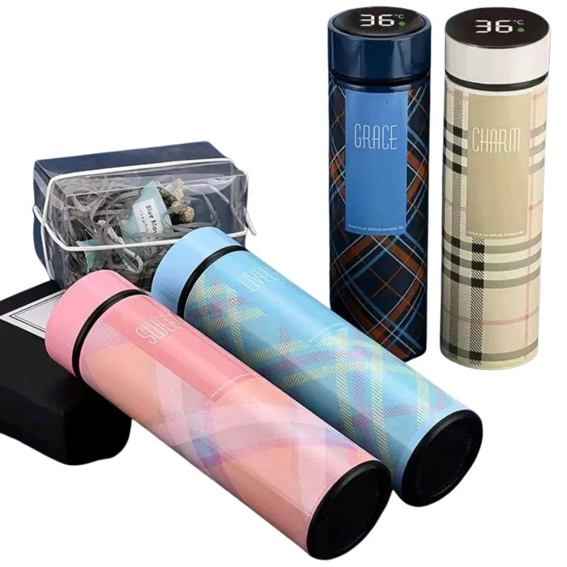 LED Temperature Display Water Bottle – Checkered Smart Flask 500ml