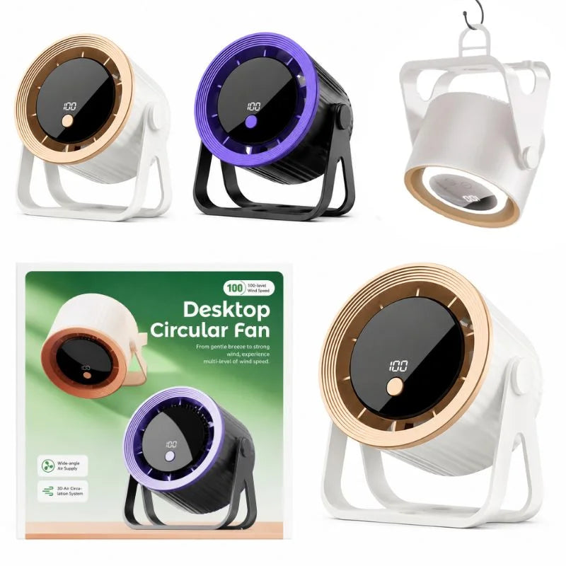 Desktop Circular Rechargeable Fan QL-02 – 360° Adjustable Quiet Cooling Fan for Home & Office
